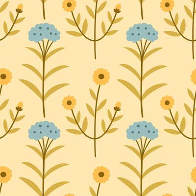 Spring flower pattern on yellow background. Flower flat pattern. Flower background. Perfect for fabric, textile, wallpaper, decor, print or packaging of products.