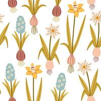 Spring flower pattern on white background. Flower flat pattern. Flower background. Perfect for fabric, textile, wallpaper, decor, print or packaging of products. vector