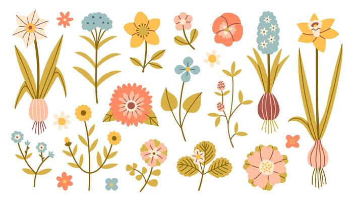Spring flower set. Isolated cute spring flowers and leaves in flat style. Kids design, for fabric, wrapping, scrapbooking, wallpaper