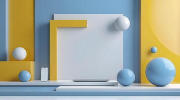 a 3d rendering of a blue , yellow and white abstract background with geometric shapes photo