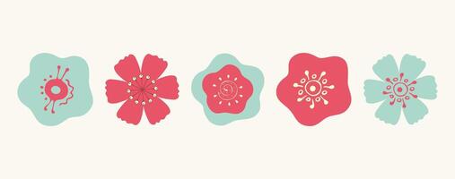 conjunto de vistoso flor brotes en sencillo plano garabatear estilo. rojo y menta. aislado. vector