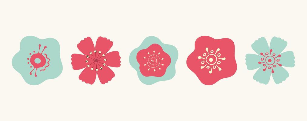 Set of colorful flower buds in simple flat doodle style. Red and mint. Isolated.