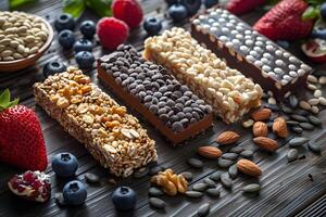 there are many different types of granola bars on the table photo