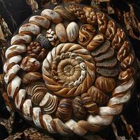 A spiral pattern of wooden circles resembling a tree trunk in a flowerpot photo