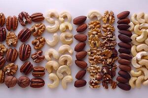 Assorted nuts in a row, a versatile ingredient in cuisine and recipes photo