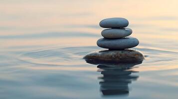 Zen stones stacked in water at sunset, creating a serene scene photo