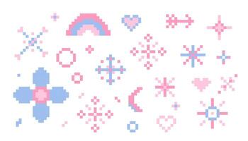 Pixel star sparkle cute retro 8 bit sparkle set. Shiny pink game pixel art effect set. Firework burst, arrow, space decoration. 90s aesthetics, y2k vector