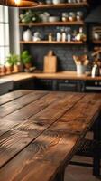 Wooden table in kitchen with blurred background, adding natural touch to room photo
