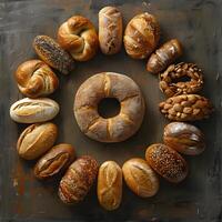 An assortment of baked goods from various cuisines arranged in a circle photo