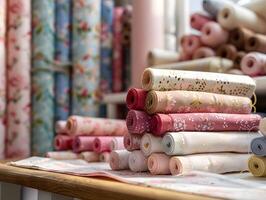 Textile rolls stacked on table for interior design event photo