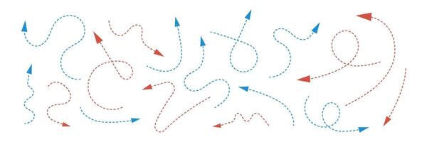 Dashed arrows red and blue colors. Set of curvy direction elements. infographic signs on white vector
