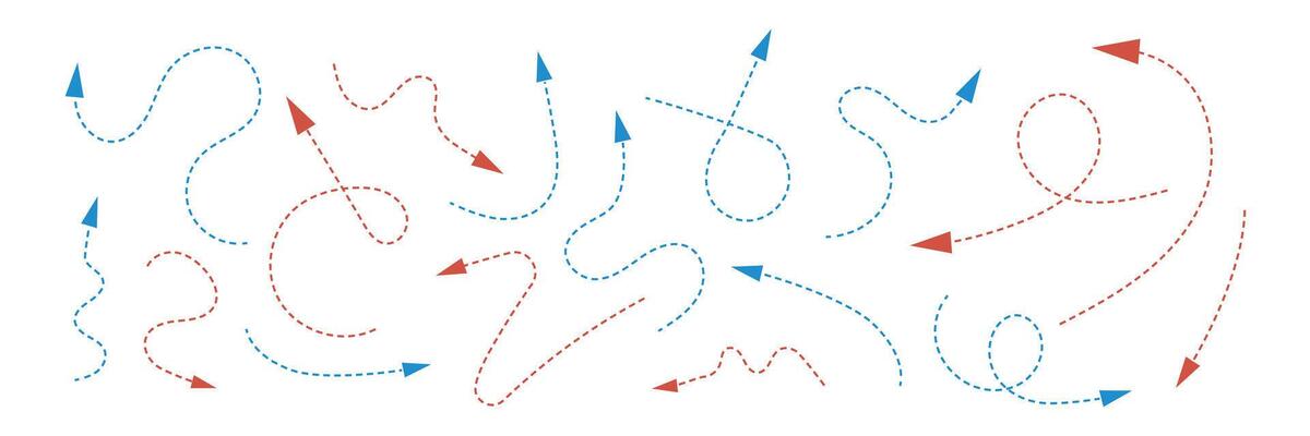Dashed arrows red and blue colors. Set of curvy direction elements. infographic signs on white