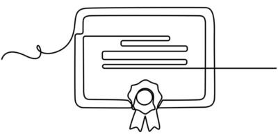 certificate or diploma icon with medal and ribbon bow continuous one line drawing vector