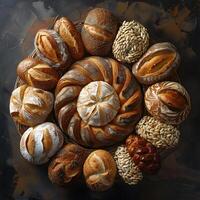 Assorted breads displayed in a circular arrangement on a wooden table photo