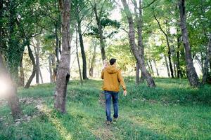 Dad with a little girl in his arms walks through the sunny forest. Back view photo