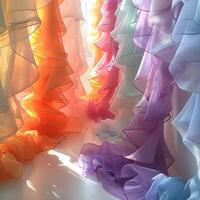 Vibrant ruffled curtains in various tints and shades displayed on a table photo