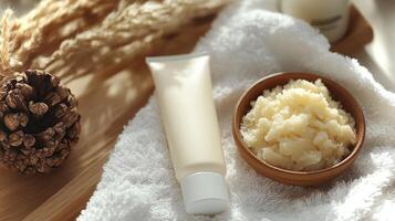 A white tube of hand cream rests on a soft towel next to a wooden bowl filled with creamy shea butter, creating a peaceful and inviting atmosphere for skincare. photo