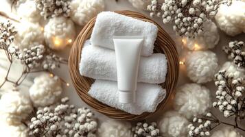 A white tube designed for sustainable use sits on plush towels surrounded by delicate flowers and soft textures in a serene, inviting atmosphere. photo