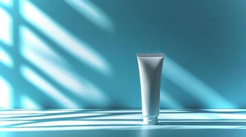 A sleek pharmaceutical product is presented against a calming blue background with soft shadows creating an inviting atmosphere. photo