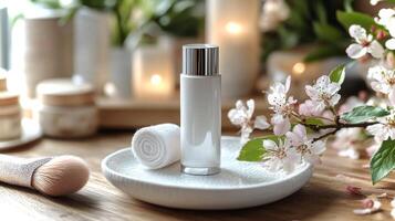 A white skincare tube with a silver cap sits on a textured plate surrounded by delicate flowers and soft towels, creating a serene and inviting atmosphere. photo