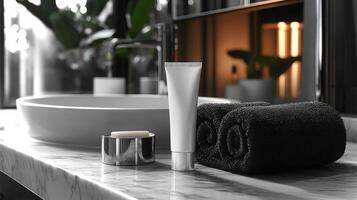 The bathroom features a white tub, marble countertop, and neatly rolled black towels, creating a serene environment with soft natural light streaming in. photo