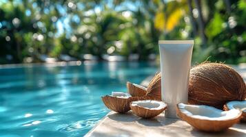 A close-up displays a white tube of natural sunscreen resting beside coconuts near a sparkling pool. Lush greenery and palm trees create a relaxing atmosphere. photo