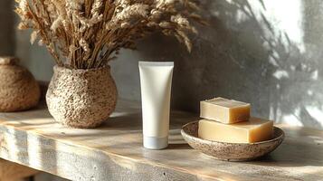 A clean bathroom shelf features a tube of lotion, stacked soap bars, and a decorative vase of dried flowers, creating a serene and organized atmosphere. photo