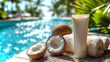 Sun protection is essential, as demonstrated by a white sunscreen tube placed next to coconut halves and towels, with a refreshing pool in the background. photo
