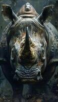a rhinoceros is standing in the water and looking at the camera photo