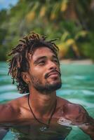 A man with dreadlocks smiles happily while swimming in the ocean during summer photo