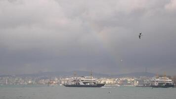 turkey istanbul 17 february 2025 Ferries navigate the Bosphorus on a cloudy day in Istanbul video