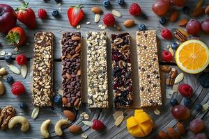 Assorted granola bars with fruits and nuts displayed on a wooden table photo