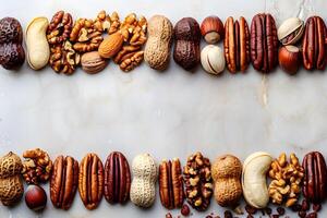 Assorted nuts displayed on table for snacking or cooking photo