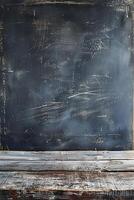 Rectangular hardwood table with blackboard backdrop photo