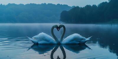 Two swans create a heart shape with their necks in the calm water photo