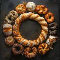 Various types of bread are displayed in a circular arrangement photo