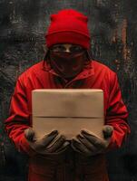 Man in red jacket and cap holding a box standing next to a tree photo