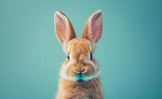 Head of a happy brown fawn rabbit looking at the camera with blue background photo