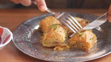 Delightful baklava tasting in a local cafe in the afternoon video