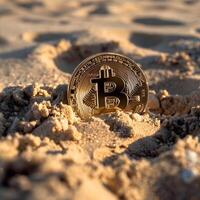 Bitcoin on beach symbolizes financial innovation, wealth in future photo
