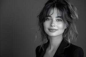 Monochrome photo of a woman in suit, with a captivating gaze and subtle smile