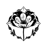 Symmetrical Black and White Floral , Centered PoppyLike Bloom, Geometric Frame with Leaf Accents, Elegant, Isolated on White. vector