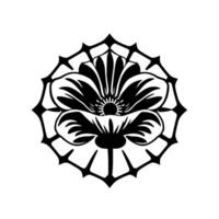 Intricate Black and White Floral Mandala , Symmetrical Flower with Pointed Outer Petals, Isolated on White. vector