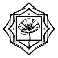 Monochrome Poppy in a Geometric Frame Delicate Floral Illustration with a Stylized Diamond and Square Border. vector