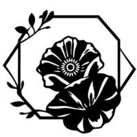 Black and white floral featuring two stylized blossoms, leafy branch, and a geometric frame, creating a artistic composition. vector