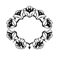 Elegant, symmetrical black and white floral wreath featuring stylized flower outlines arranged in a circular pattern, with negative space center. vector