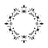 Elegant, symmetrical black and white floral wreath , featuring stylized flower and leaf motifs arranged in a circular pattern with negative space at center. vector