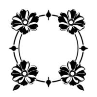 Symmetrical Black and White Floral Frame with Four Flowers, Decorative Elements, and Empty Center. vector