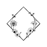Delicate Black and White DiamondShaped Floral Frame with Daisies and Buds, Minimalist Botanical Illustration. vector