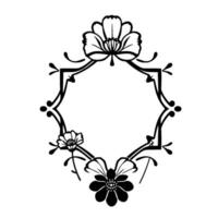 Elegant Black and White Floral Frame with Diamond Shape, Ornamental , and Stylized Flowers. vector
